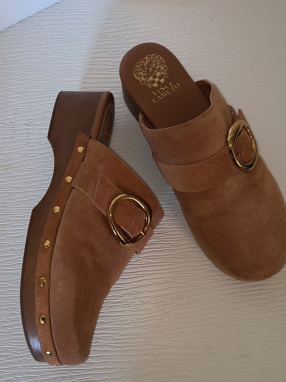 Vince Camuto Suede Slide Mules in Tan with Gold Buckle